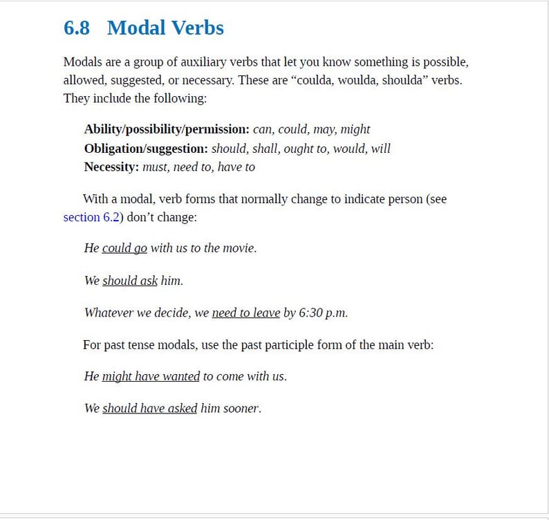 May include: A page from a textbook about English grammar, focusing on modal verbs. The text explains the different types of modal verbs, including ability, possibility, permission, obligation, suggestion, and necessity. Examples of modal verbs in sentences are provided.