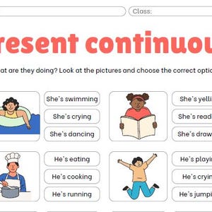 May include: A worksheet with illustrations of people performing different actions. The worksheet asks the user to choose the correct present continuous verb phrase to describe each action. The phrases include "She's swimming", "She's crying", "She's dancing", "She's yelling", "She's reading", "She's drawing", "He's eating", "He's cooking", "He's running", "He's playing", "He's crying", and "He's jumping".