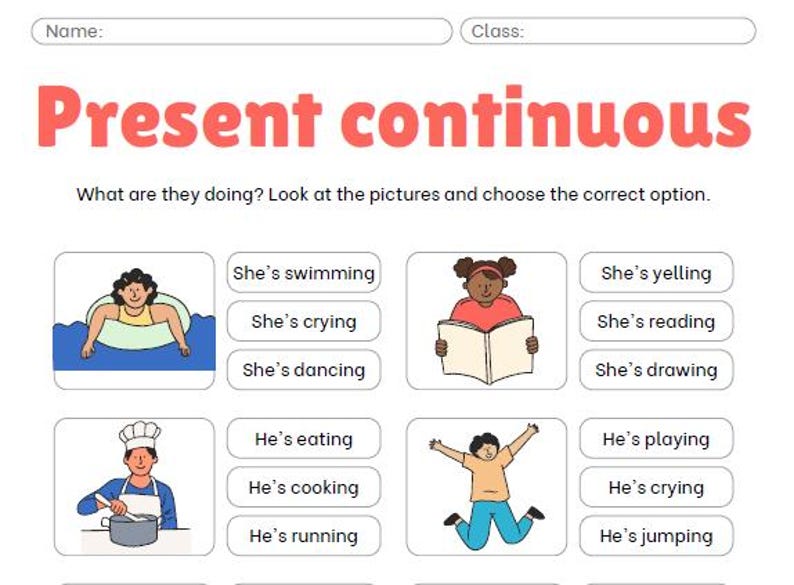 May include: A worksheet with illustrations of people performing different actions. The worksheet asks the user to choose the correct present continuous verb phrase to describe each action. The phrases include "She's swimming", "She's crying", "She's dancing", "She's yelling", "She's reading", "She's drawing", "He's eating", "He's cooking", "He's running", "He's playing", "He's crying", and "He's jumping".