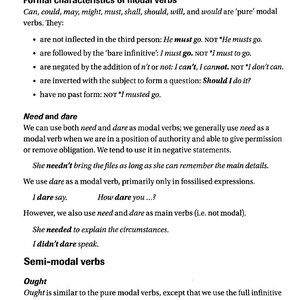 May include: A black and white text document with the title "Pure modal verbs" and a list of formal characteristics of modal verbs. The document also includes a section on "Need and dare" and "Semi-modal verbs".