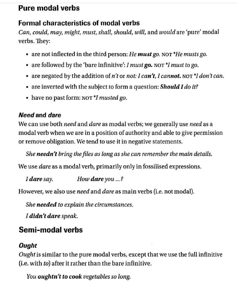 May include: A black and white text document with the title "Pure modal verbs" and a list of formal characteristics of modal verbs. The document also includes a section on "Need and dare" and "Semi-modal verbs".