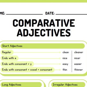 May include: A green and white worksheet with the title "Comparative Adjectives". The worksheet is divided into three sections: Short Adjectives, Long Adjectives, and Irregular Adjectives. Each section includes examples of adjectives and their comparative forms.