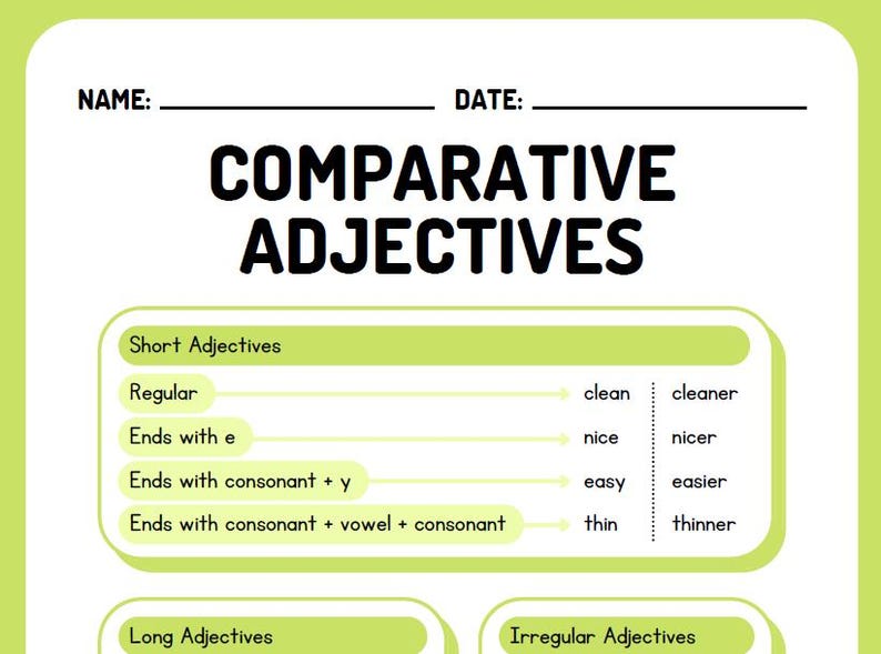 May include: A green and white worksheet with the title "Comparative Adjectives". The worksheet is divided into three sections: Short Adjectives, Long Adjectives, and Irregular Adjectives. Each section includes examples of adjectives and their comparative forms.