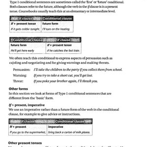 May include: A black and white text-based image explaining the different forms of conditional sentences in English grammar. The image includes examples of how to use conditional sentences in different contexts, such as persuasion, warning, and threat.