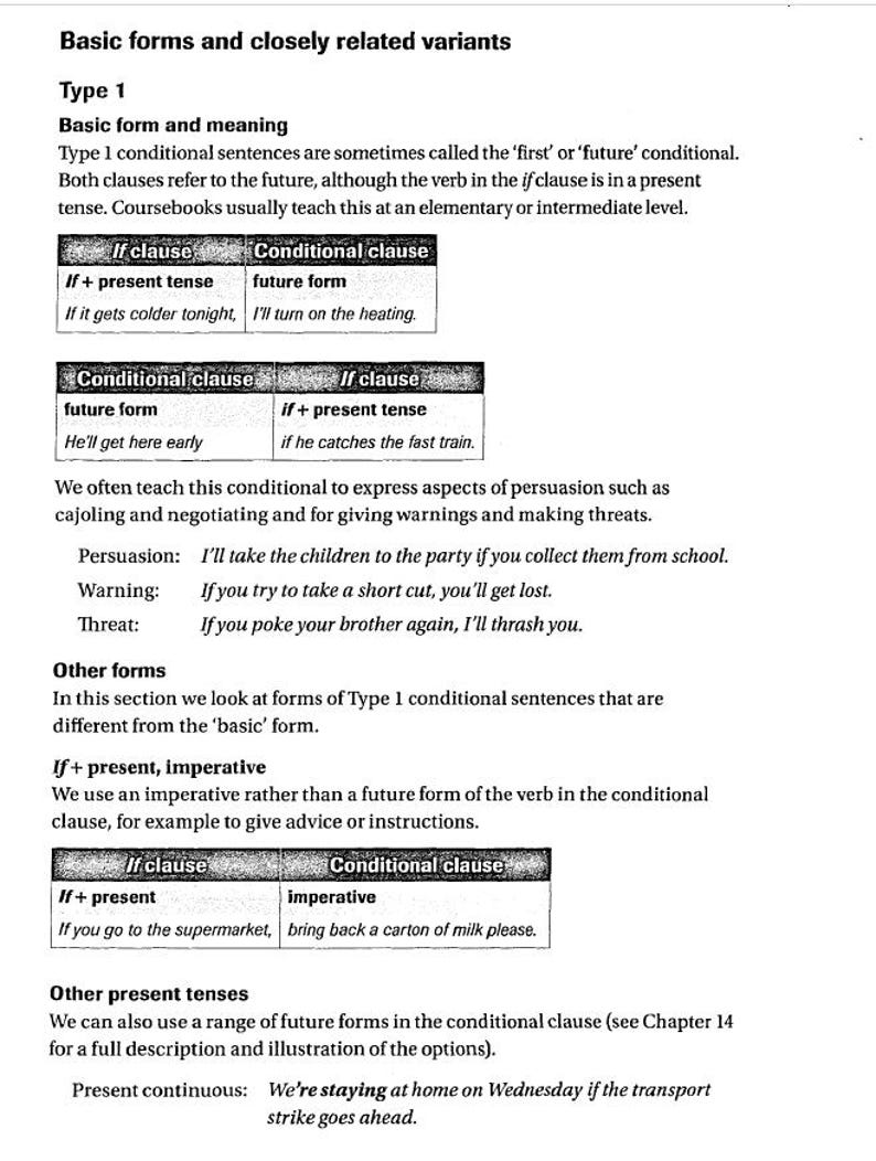 May include: A black and white text-based image explaining the different forms of conditional sentences in English grammar. The image includes examples of how to use conditional sentences in different contexts, such as persuasion, warning, and threat.