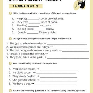 May include: A worksheet titled "SIMPLE PRESENT TENSE 1" with grammar exercises. The page includes fill-in-the-blank questions, sentence transformations, and question formation. A small illustration of a person reading is in the upper right corner.