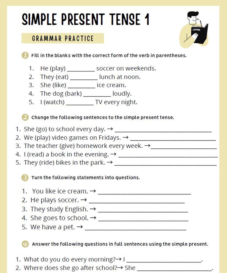May include: A worksheet titled "SIMPLE PRESENT TENSE 1" with grammar exercises. The page includes fill-in-the-blank questions, sentence transformations, and question formation. A small illustration of a person reading is in the upper right corner.