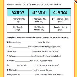 May include: A worksheet with a table showing the positive, negative, and question forms of the present simple tense in English. The worksheet includes 10 sentences with blanks for students to fill in the correct form of the verb in parentheses.