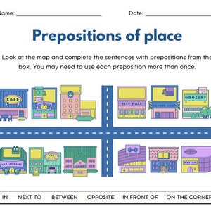 May include: A colorful map of a town with buildings like a cafe, restaurant, school, bakery, grocery store, city hall, gym, and museum. The map is used to teach prepositions of place, such as in, next to, between, opposite, in front of, and on the corner.