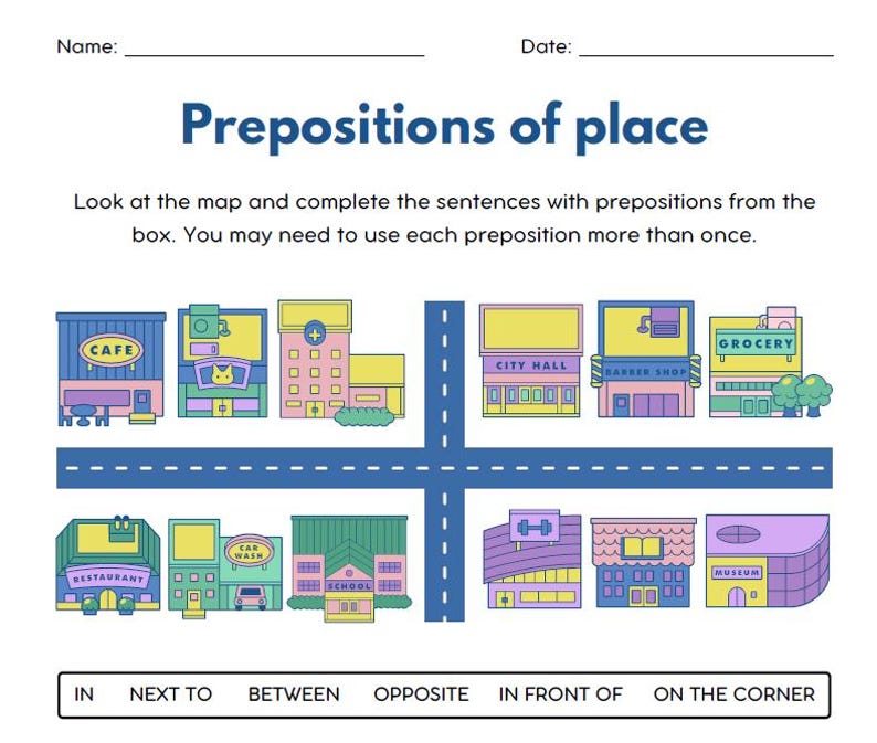 May include: A colorful map of a town with buildings like a cafe, restaurant, school, bakery, grocery store, city hall, gym, and museum. The map is used to teach prepositions of place, such as in, next to, between, opposite, in front of, and on the corner.