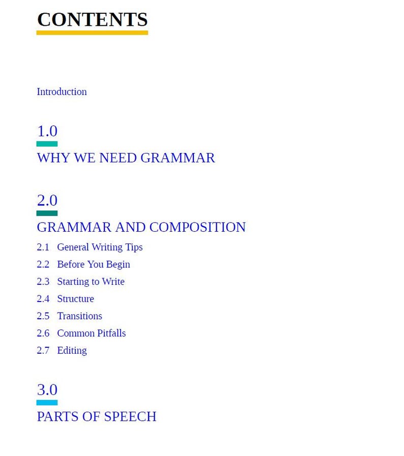 May include: A table of contents for a book or document titled "Contents". The table of contents lists the following sections: Introduction, Why We Need Grammar, Grammar and Composition, Parts of Speech.