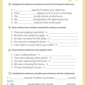 May include: A worksheet titled "PAST CONTINUOUS TENSE 1" with grammar practice exercises. The page includes fill-in-the-blank sentences, error correction, and sentence rewriting tasks. A small illustration of a person reading is in the upper right corner.