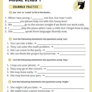 May include: A worksheet titled "MODAL VERBS 1" with grammar practice exercises. The page includes fill-in-the-blank questions using "can" or "could", and exercises to rewrite sentences using "can", "may", and "might". A small illustration of a person reading.
