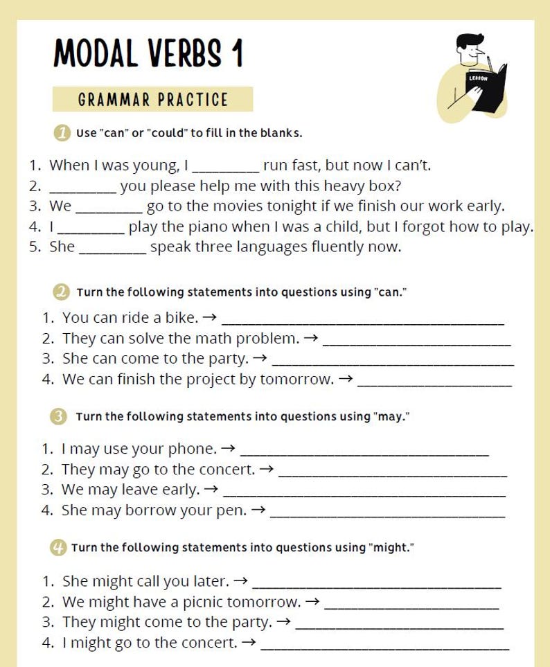 May include: A worksheet titled "MODAL VERBS 1" with grammar practice exercises. The page includes fill-in-the-blank questions using "can" or "could", and exercises to rewrite sentences using "can", "may", and "might". A small illustration of a person reading.