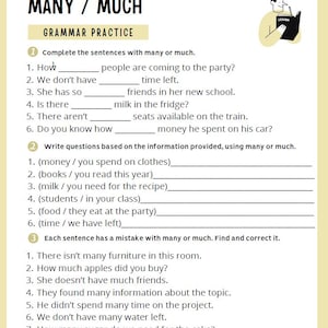 May include: A grammar practice worksheet with the title "MANY / MUCH" in bold black letters. The worksheet includes fill-in-the-blank exercises, question formation, and error correction tasks. A small illustration of a person reading a book is in the upper right corner.