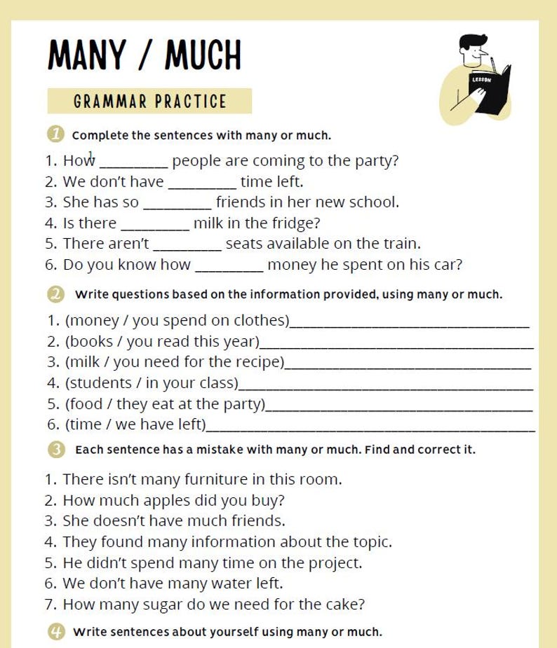 May include: A grammar practice worksheet with the title "MANY / MUCH" in bold black letters. The worksheet includes fill-in-the-blank exercises, question formation, and error correction tasks. A small illustration of a person reading a book is in the upper right corner.