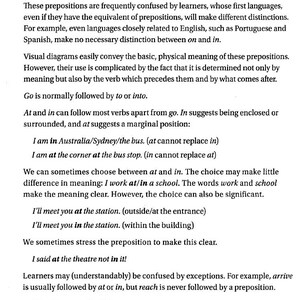 May include: A black and white text-based image explaining the difference in meaning between the prepositions "at", "to", "in", "into", and "on". The image includes examples of how to use each preposition in a sentence.