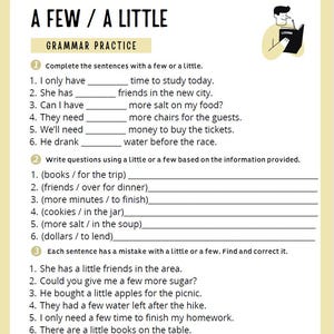 May include: A grammar practice worksheet with the title "A Few / A Little." The worksheet includes fill-in-the-blank sentences, question writing, and error correction exercises. A small illustration of a person reading is in the upper right corner.