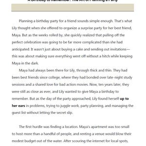 May include: Text from a book titled "A Birthday to Remember: The Art of Planning a Party." The text describes the challenges of planning a surprise birthday party, including finding a location and managing the guest list.