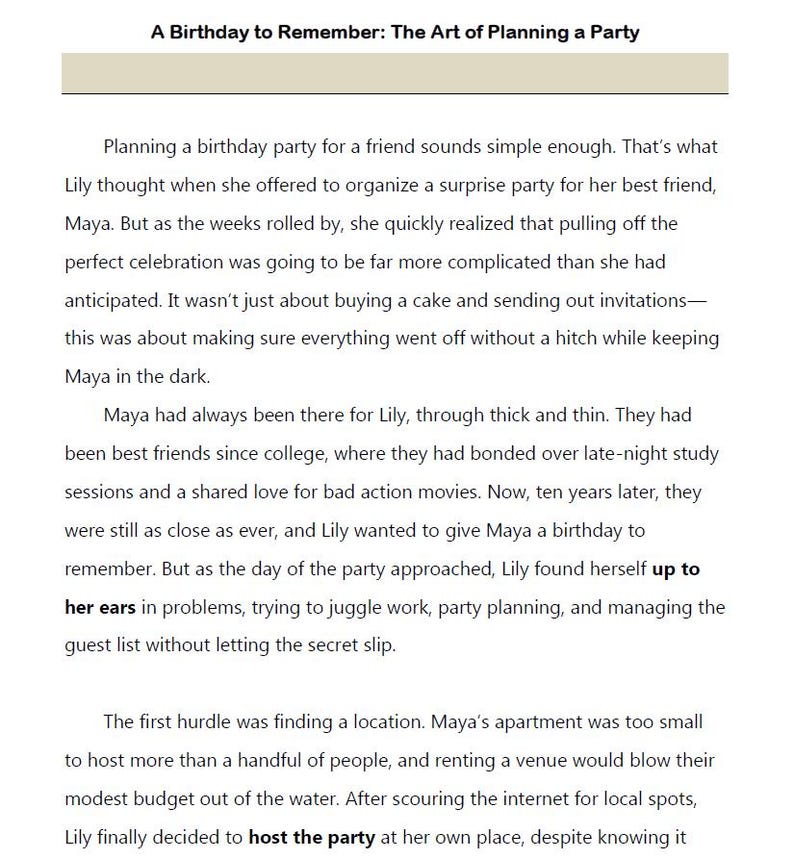 May include: Text from a book titled "A Birthday to Remember: The Art of Planning a Party." The text describes the challenges of planning a surprise birthday party, including finding a location and managing the guest list.