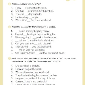 May include: A grammar practice worksheet titled "Articles 'A', 'An', 'The'" with fill-in-the-blank exercises. The worksheet includes sentences to complete and correct, with a cartoon illustration of a person reading a book.