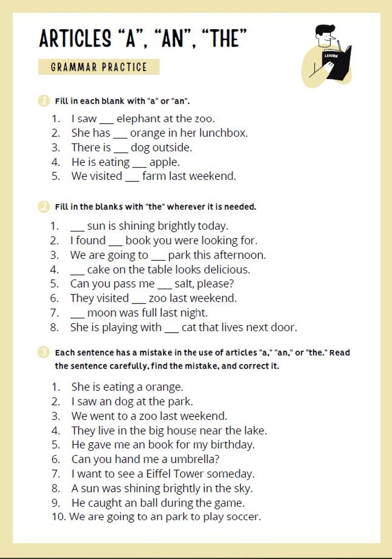 May include: A grammar practice worksheet titled "Articles 'A', 'An', 'The'" with fill-in-the-blank exercises. The worksheet includes sentences to complete and correct, with a cartoon illustration of a person reading a book.