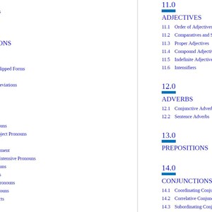 May include: A blue and white chart with the headings "Abbreviations", "Pronouns", "Adjectives", "Adverbs", "Prepositions", and "Conjunctions". Each heading has a number next to it, such as "9.0", "10.0", "11.0", "12.0", "13.0", and "14.0". Under each heading are subheadings with descriptions of different types of words.