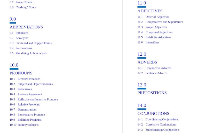 May include: A blue and white chart with the headings "Abbreviations", "Pronouns", "Adjectives", "Adverbs", "Prepositions", and "Conjunctions". Each heading has a number next to it, such as "9.0", "10.0", "11.0", "12.0", "13.0", and "14.0". Under each heading are subheadings with descriptions of different types of words.