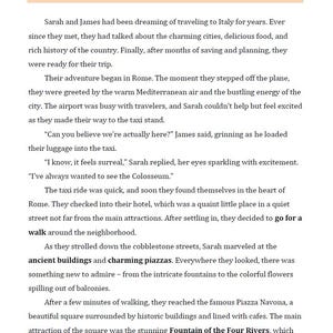 May include: A text excerpt from a travel story about a couple's trip to Rome, Italy. The text describes their arrival in Rome, their hotel, and their walk through the city, including the Piazza Navona and the Fountain of the Four Rivers.