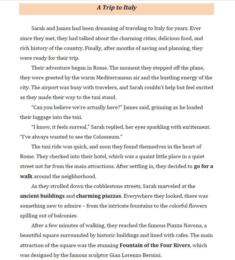 May include: A text excerpt from a travel story about a couple's trip to Rome, Italy. The text describes their arrival in Rome, their hotel, and their walk through the city, including the Piazza Navona and the Fountain of the Four Rivers.