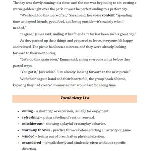 May include: A page from a book with text about a picnic and a vocabulary list. The text includes words like "outing", "refreshing", "mischievous", "warm-up throws", "winded", "meandered", and "content".
