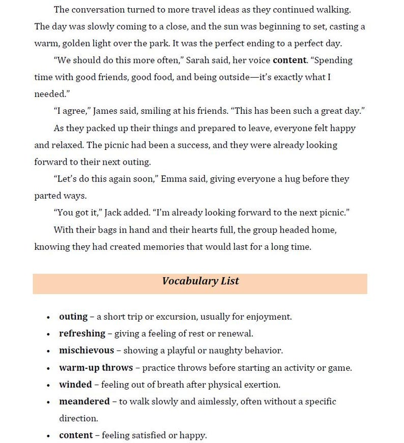 May include: A page from a book with text about a picnic and a vocabulary list. The text includes words like "outing", "refreshing", "mischievous", "warm-up throws", "winded", "meandered", and "content".
