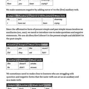 May include: A black and white image of a grammar lesson on question and negative forms in English. The image shows a table with the headings "Auxiliary", "Subject", "Auxiliary", and "Main Verb". The table shows examples of how to form questions and negative sentences in English.