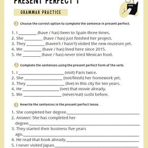 May include: A worksheet titled "PRESENT PERFECT 1" with grammar exercises. The page includes fill-in-the-blank questions, sentence rewriting, and error correction tasks. A small illustration of a person reading is in the upper right corner.