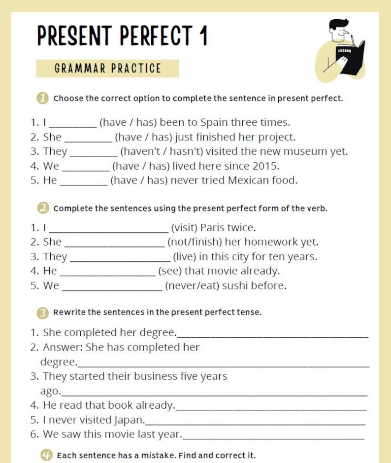 May include: A worksheet titled "PRESENT PERFECT 1" with grammar exercises. The page includes fill-in-the-blank questions, sentence rewriting, and error correction tasks. A small illustration of a person reading is in the upper right corner.
