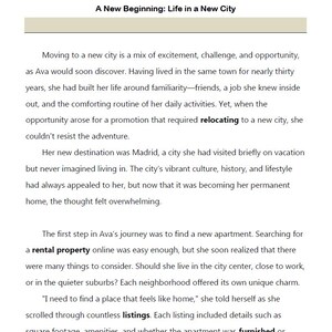 May include: Text from a book titled "A New Beginning: Life in a New City". The text describes a person named Ava relocating to Madrid for a new job and searching for a rental property.