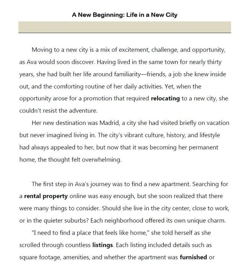 May include: Text from a book titled "A New Beginning: Life in a New City". The text describes a person named Ava relocating to Madrid for a new job and searching for a rental property.