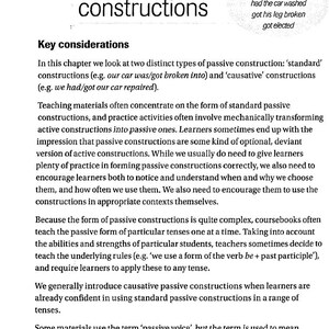 May include: A page from a textbook about passive constructions in English grammar. The text discusses the different types of passive constructions, including standard and causative constructions. It also explains how to teach passive constructions to learners.