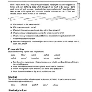 May include: A worksheet with exercises for learning English grammar and pronunciation. The worksheet includes sections on verbs, auxiliary verbs, infinitives, pronunciation, spelling, and irregular verbs.