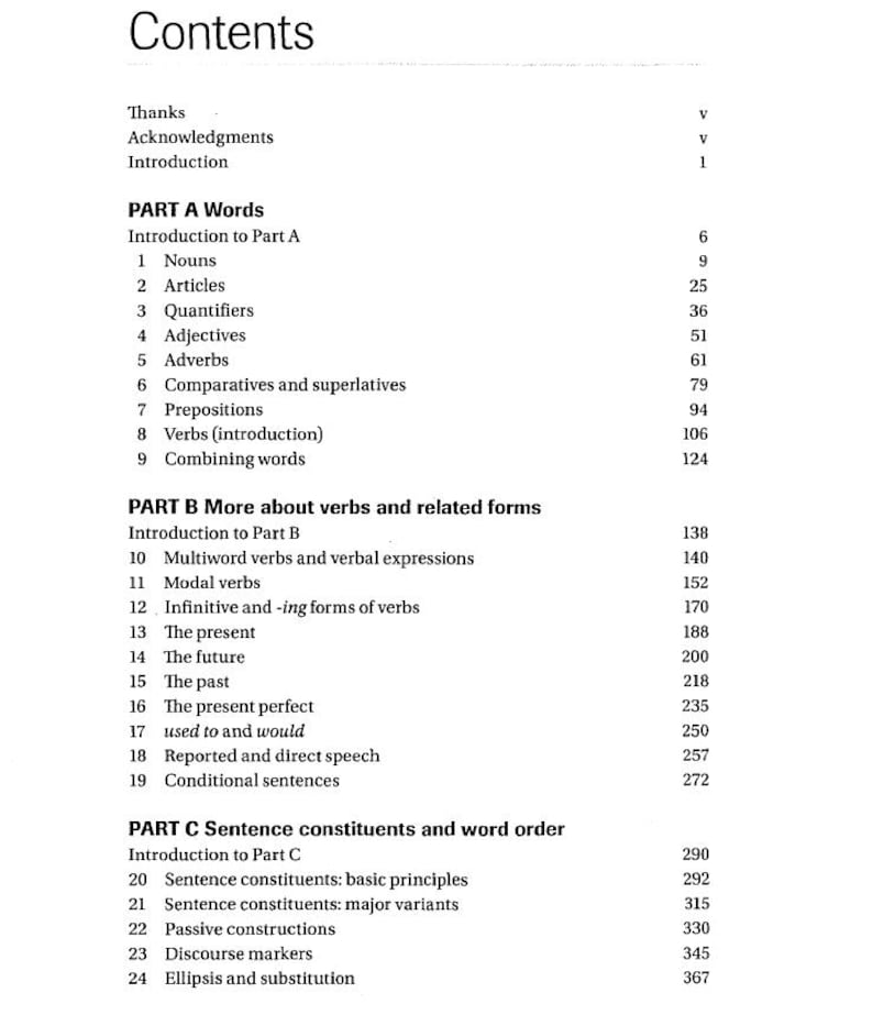 May include: A table of contents for a book about English grammar. The book is divided into three parts: Words, More about verbs and related forms, and Sentence constituents and word order.