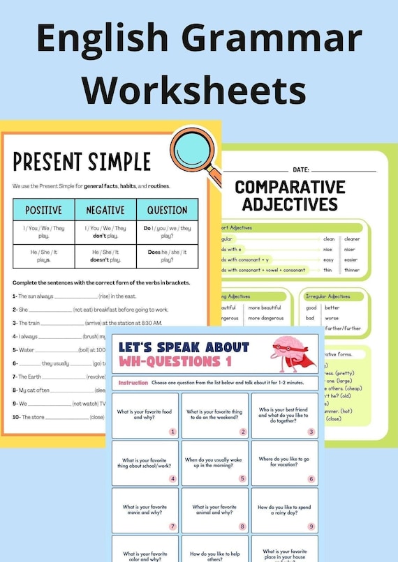 Comprehensive English Grammar Worksheets| Lesson materials|  English Verb Tenses, Adjectives & Articles| ESL Kids Learning Resources