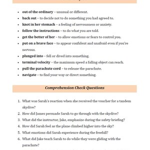 May include: A vocabulary list with definitions of words related to skydiving, followed by comprehension check questions about a skydiving experience.