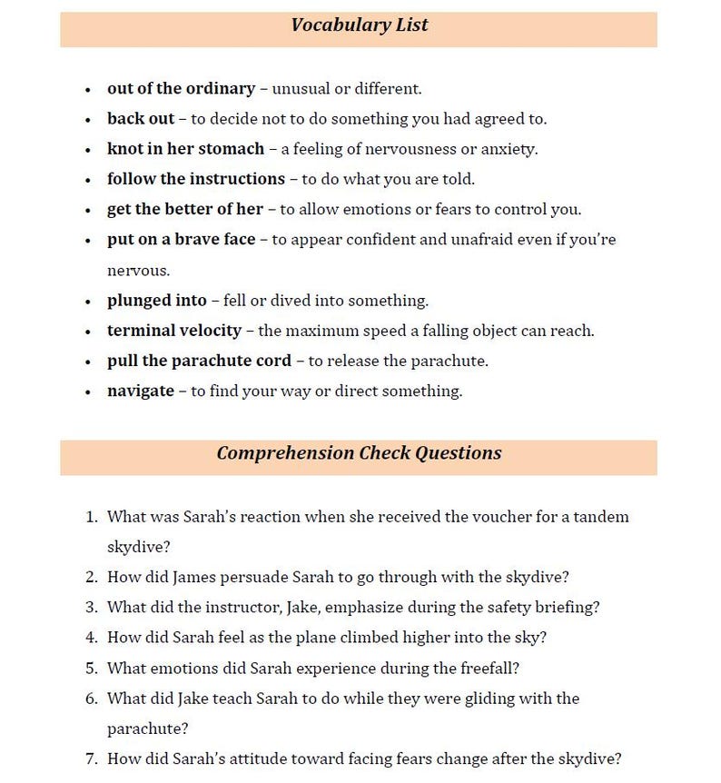 May include: A vocabulary list with definitions of words related to skydiving, followed by comprehension check questions about a skydiving experience.