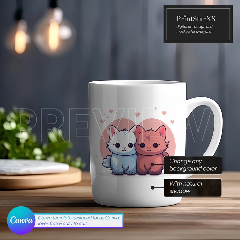 Puede incluir: Taza de cer&aacute;mica blanca con un dise&ntilde;o rosa y blanco con dos gatos de dibujos animados. Los gatos se abrazan y tienen corazones a su alrededor. El texto "Cambiar cualquier color de fondo" y "Con sombra natural" est&aacute; impreso en la taza.