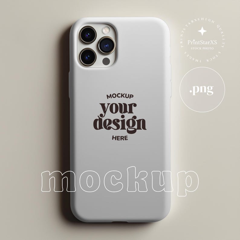 May include: A pale grey phone case with a triple-lens camera aperture. The case has the text "MOCKUP your design HERE" in a brown, stylised font. The word "mockup" is also written in a white, outlined font at the bottom of the case.