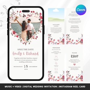 Cartão de convite de casamento rosa Modelo móvel Canva Salve a data Design de cartão de casamento digital editável Anúncio de convite online moderno