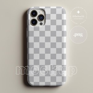 May include: A smartphone case featuring a grey and white chequered pattern. The case has a camera aperture and the word "mockup" in a white, outlined font. The case is a light grey colour.