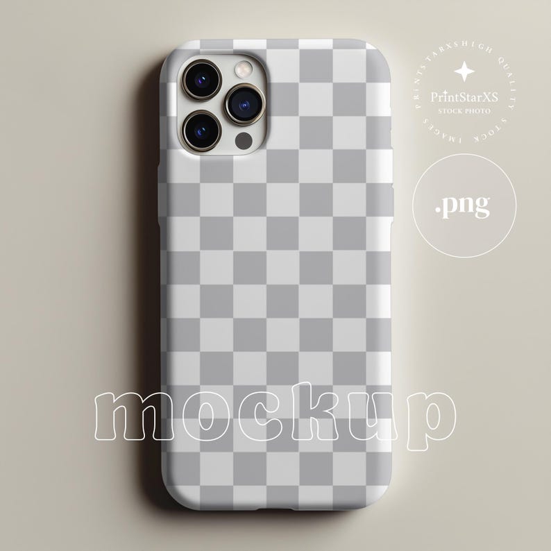 May include: A smartphone case featuring a grey and white chequered pattern. The case has a camera aperture and the word "mockup" in a white, outlined font. The case is a light grey colour.