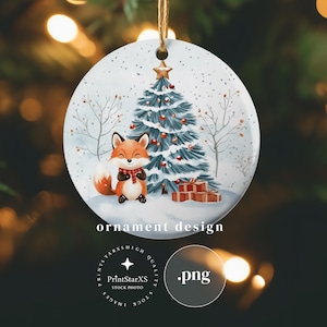Cute Fox Watercolor Christmas Round Ornament PNG Sublimation Design, Chrismtas Tree Ornament Designs, DIY Digital Download Instant Download