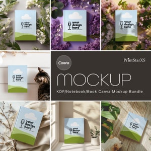 May include: A mockup bundle of six different book cover designs. The covers are all blue and white with a green background and feature a glass of wine with a cloud above it. The text "your design here" is printed on each cover. The covers are displayed in various settings, including on a table, in a window, and on a bed.